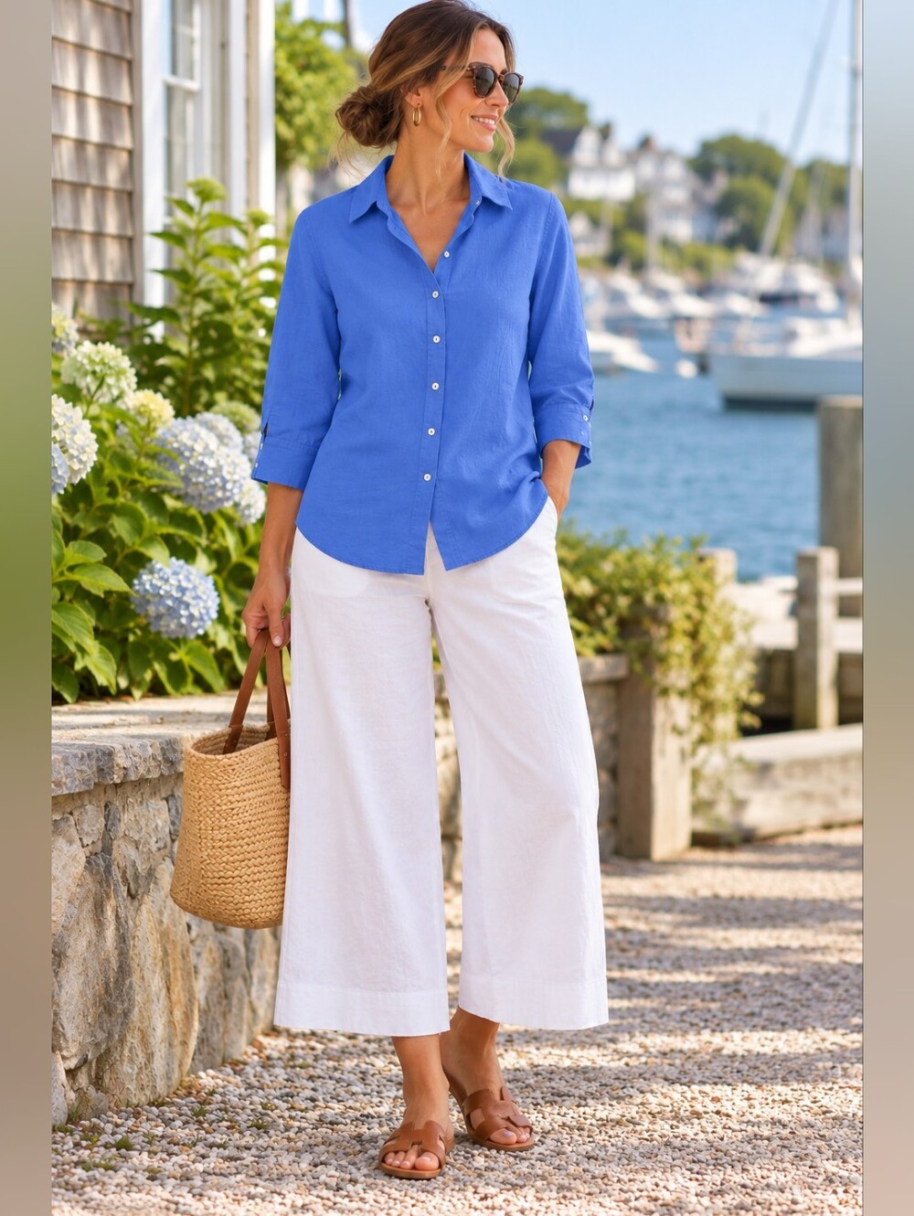 Chico's 100% Linen 3/4 Sleeve Button-front Top in Blue Quiet Luxury Women's 8